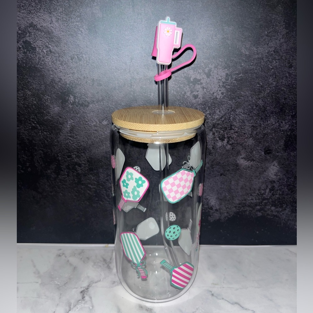 Handmade Glass Libby With Wood Lid And Glass Straw pickleball